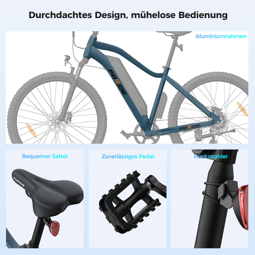 Foride Xtremer 3 Elektrofahrrad, 250-W-Motor, 48-V-12-Ah-Akku, 29 x 2,4-Zoll-Reifen, 25 km/h H&ouml;chstgeschwindigkeit, 120 km maximale Reichweite, hydraulische Scheibenbremsen, Federung mit Sperre, Shimano 7-Gang