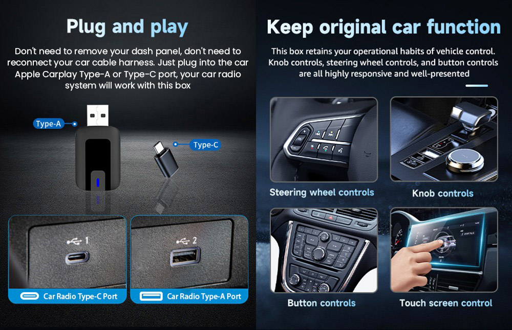 AB025E Wireless Carplay Adapter, Plug & Play Android Auto Box, Supports Split Screen/Voice Control/Navigation, Bluetooth 5.2 & WiFi 4