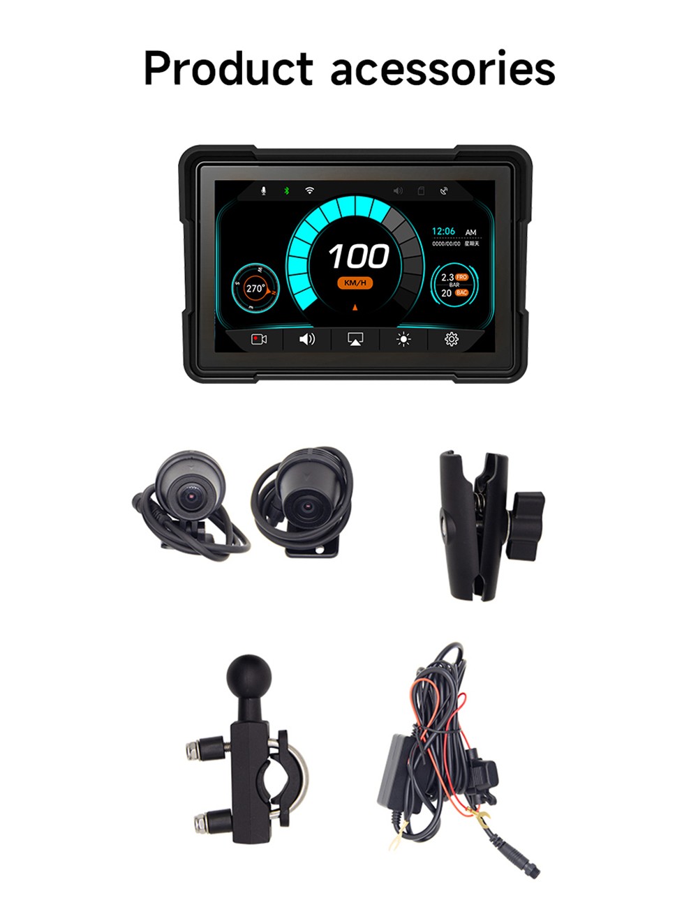 SJ5005 5inch Motorcycle Carplay, 2.5D IPS HD Screen (1024*600), IPX6 Waterproof, Built-in DVR Camera, GPS Tracking, Bluetooth 5.0, TF Card Playback