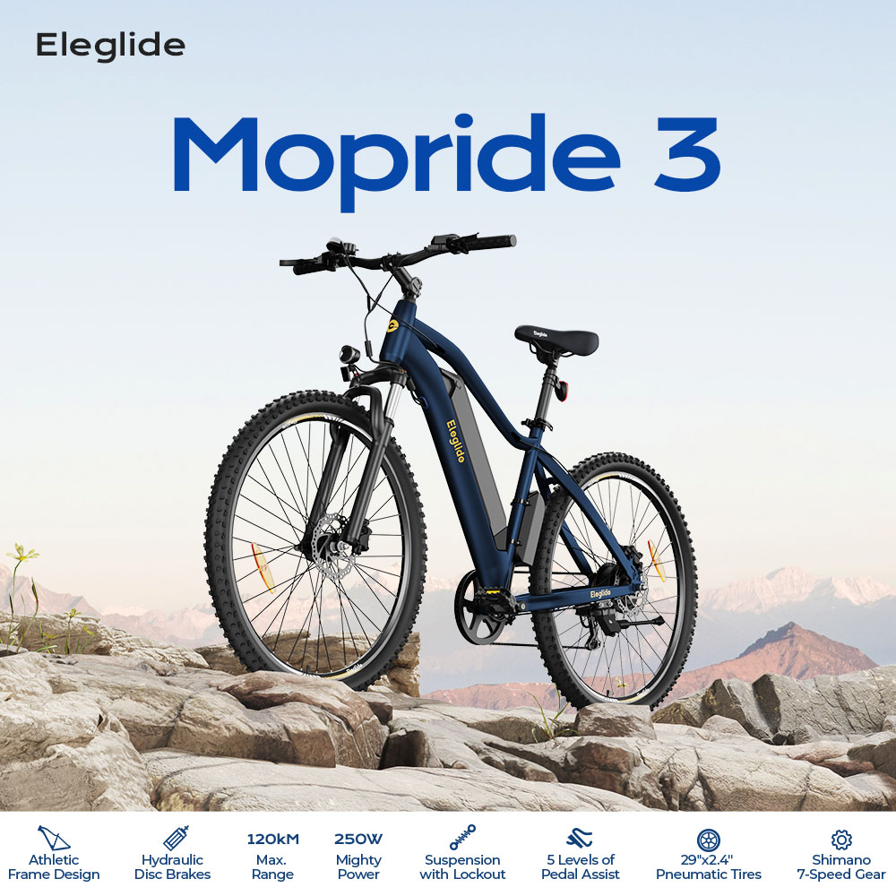 Elektrobicykel Eleglide Mopride 3, 250W motor, 48V 12Ah batéria, pneumatiky 29*2,4 palca, max. rýchlosť 25 km/h, max. dojazd 120 km, hydraulické kotúčové brzdy, odpruženie s aretáciou, 7-rýchlostný systém Shimano, LCD displej, ovládanie pomocou aplikácie