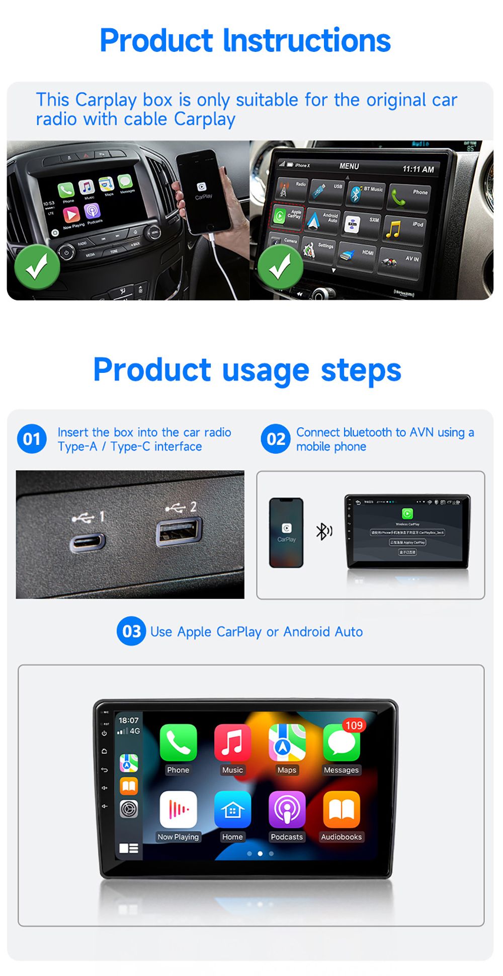AB051E Wireless Carplay Adapter, Plug & Play Android Auto Box, Supports Split Screen/Voice Control/Navigation, Bluetooth 5.2 & WiFi 4