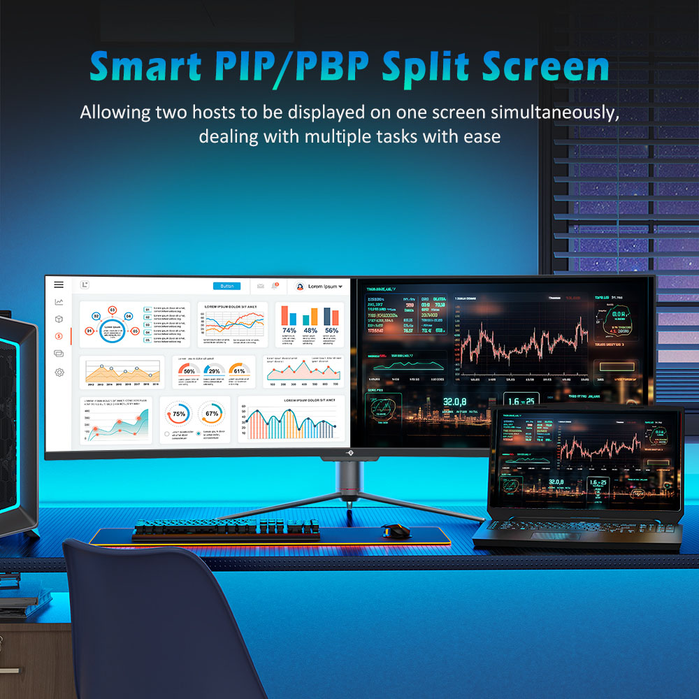 TITAN ARMY C49SHC Gaming-Monitor 49 Zoll, 3840x1080 CSOT HVA-Panel, &uuml;bergro&szlig;er gebogener Bildschirm im Format 32:9, hohe Bildwiederholrate von 144 Hz, Smart PIP/PBP-Splitscreen, Adaptive-Sync, 1xHDMI 2.0, 1xDP 1.4, 1xUSB-C-Anschluss, 1xUSB-B, 2xUSB-A