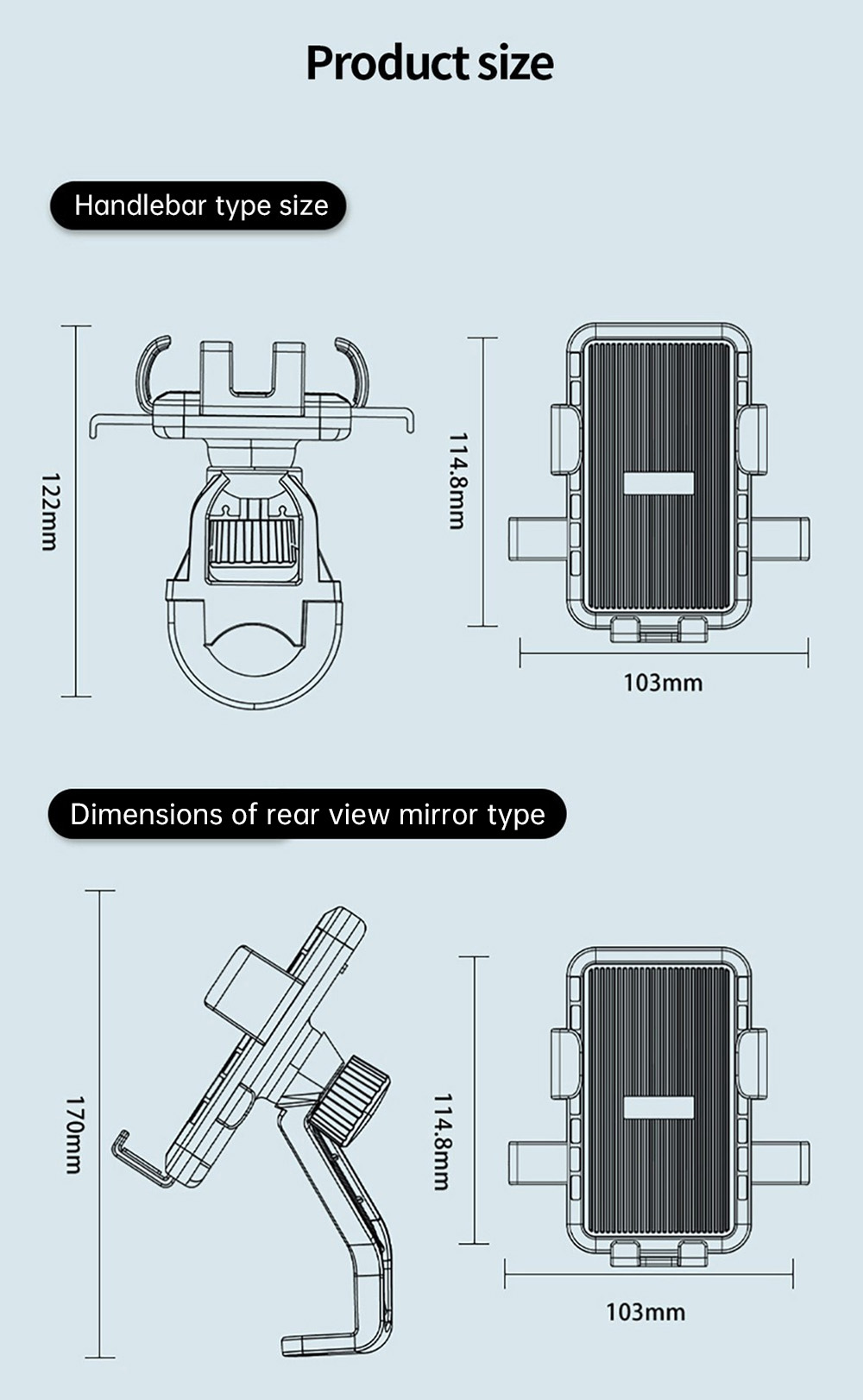 M6 Phone Holder for Electric Bikes / Motorcycles, Suitable for 4.7-7.2 inch Phones - Rearview Mirror Type, Black