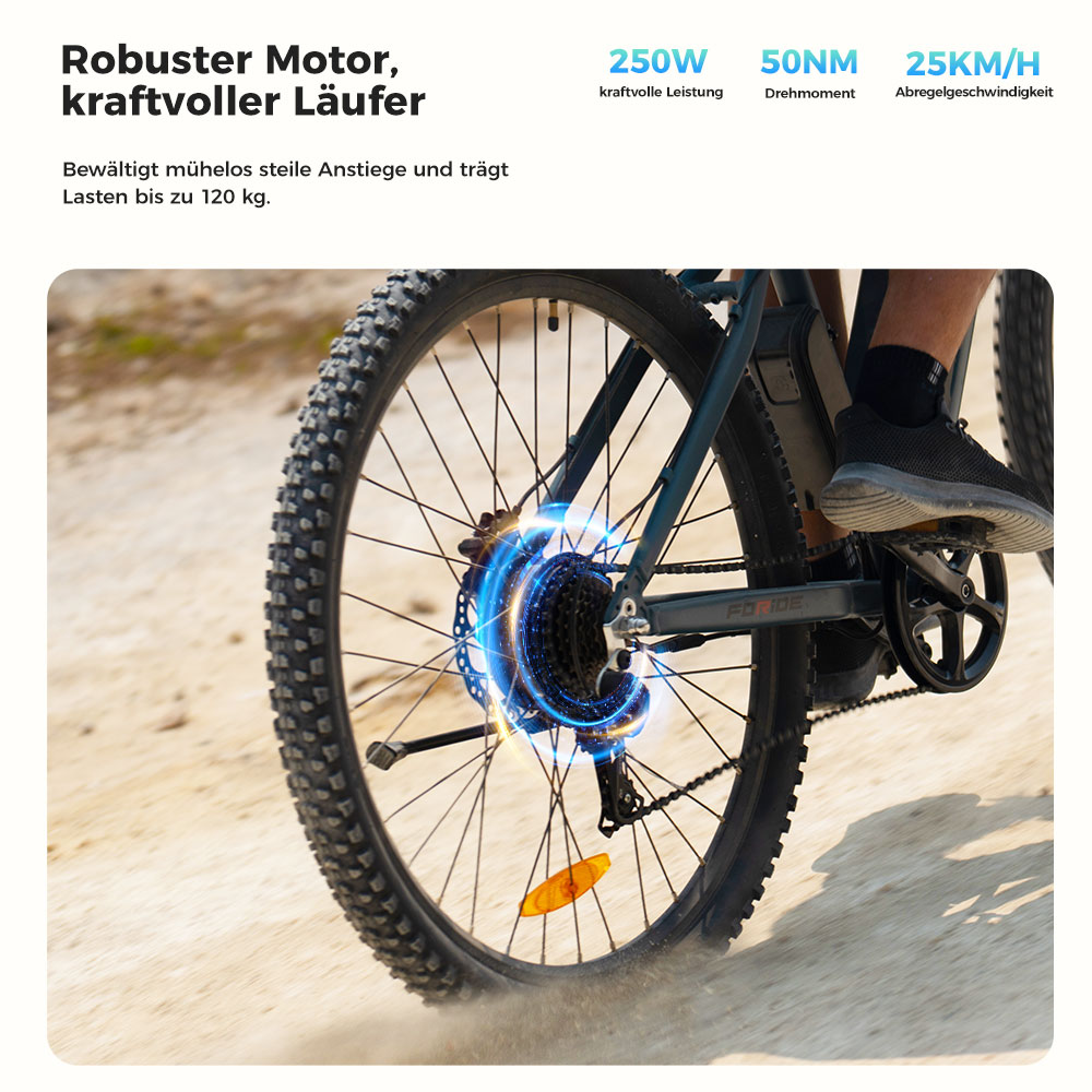 Foride Xtremer 3 Elektrofahrrad, 250-W-Motor, 48-V-12-Ah-Akku, 29 x 2,4-Zoll-Reifen, 25 km/h H&ouml;chstgeschwindigkeit, 120 km maximale Reichweite, hydraulische Scheibenbremsen, Federung mit Sperre, Shimano 7-Gang