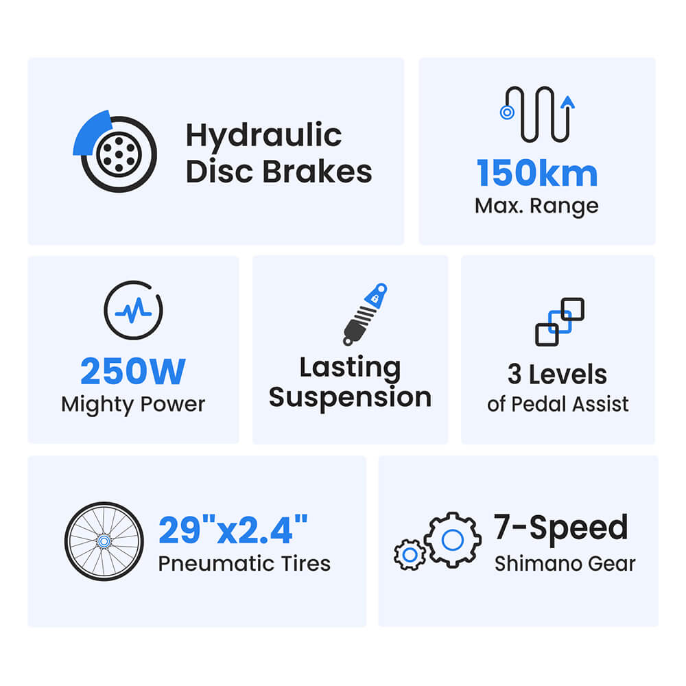 Elektrobicykel Touroll U2, 250W motor, 48V 15Ah batéria, 29-palcové pneumatiky, dojazd 150 km, hydraulické kotúčové brzdy, odpružená vidlica, Shimano 7-rýchlostný