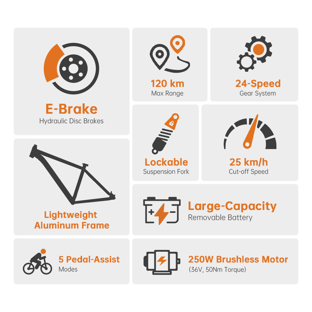 Foride Xtremer 2 Electric Bike, 250W Motor, 36V 15.6Ah Battery, 29**2.35 inch Tires, 25km/h Max Speed, 120km Max Range, Hydraulic Disc Brake, Lockable Suspension Fork, Shimano 24-speed