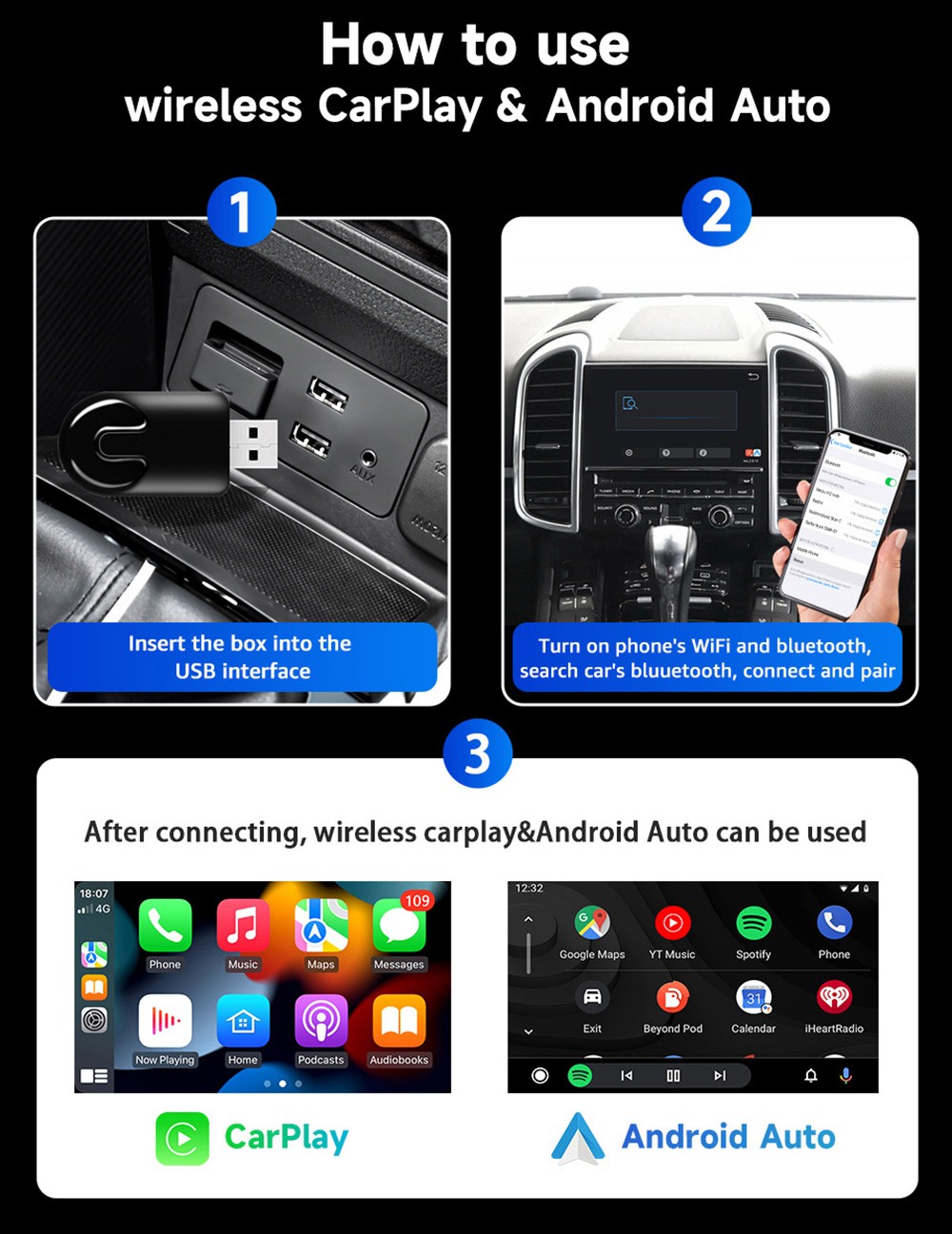 AB012 Wireless CarPlay Adapter, Plug & Play USB Dongle, Supports Split Screen/Voice Control/Navigation, WiFi6 & Bluetooth 5.2