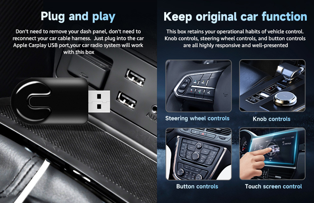 AB012 Wireless CarPlay Adapter, Plug & Play USB Dongle, Supports Split Screen/Voice Control/Navigation, WiFi6 & Bluetooth 5.2