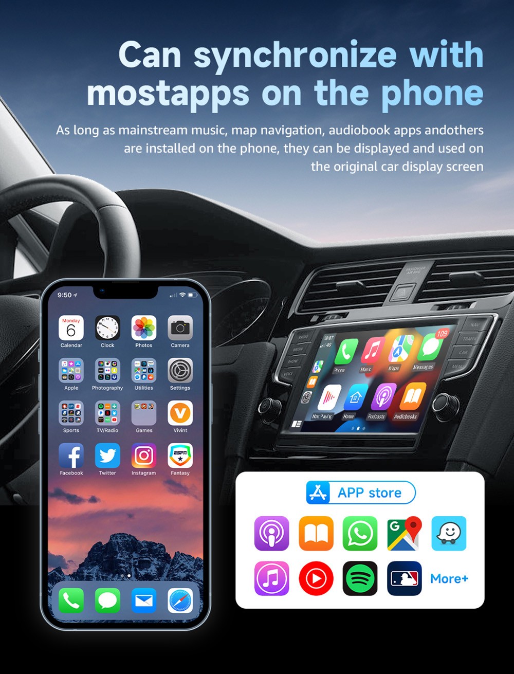 AB012 Wireless CarPlay Adapter, Plug & Play USB Dongle, Supports Split Screen/Voice Control/Navigation, WiFi6 & Bluetooth 5.2