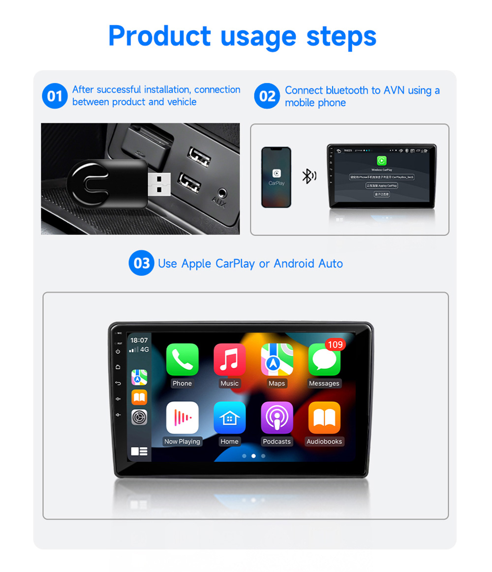 AB012 Wireless CarPlay Adapter, Plug & Play USB Dongle, Supports Split Screen/Voice Control/Navigation, WiFi6 & Bluetooth 5.2