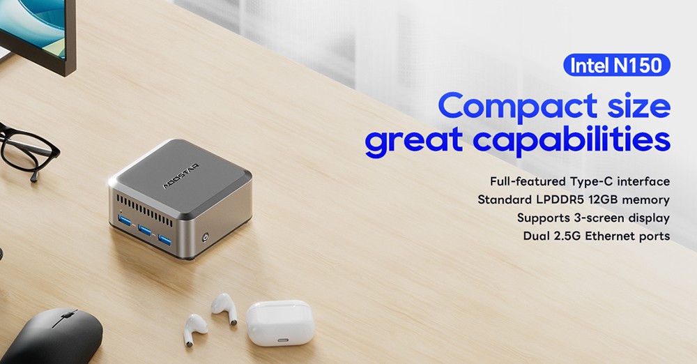 AOOSTAR N1 Pro Mini PC, Intel N150 4 jadrá max. 3,6 GHz, 12 GB LPDDR5 RAM 1 TB SSD, HDMI + DP + Type-C Triple 4K Display, WiFi 5 Bluetooth 4.2, 3*USB3.2, 2*2.5G LAN, 1*Audio Jack - EU Plug