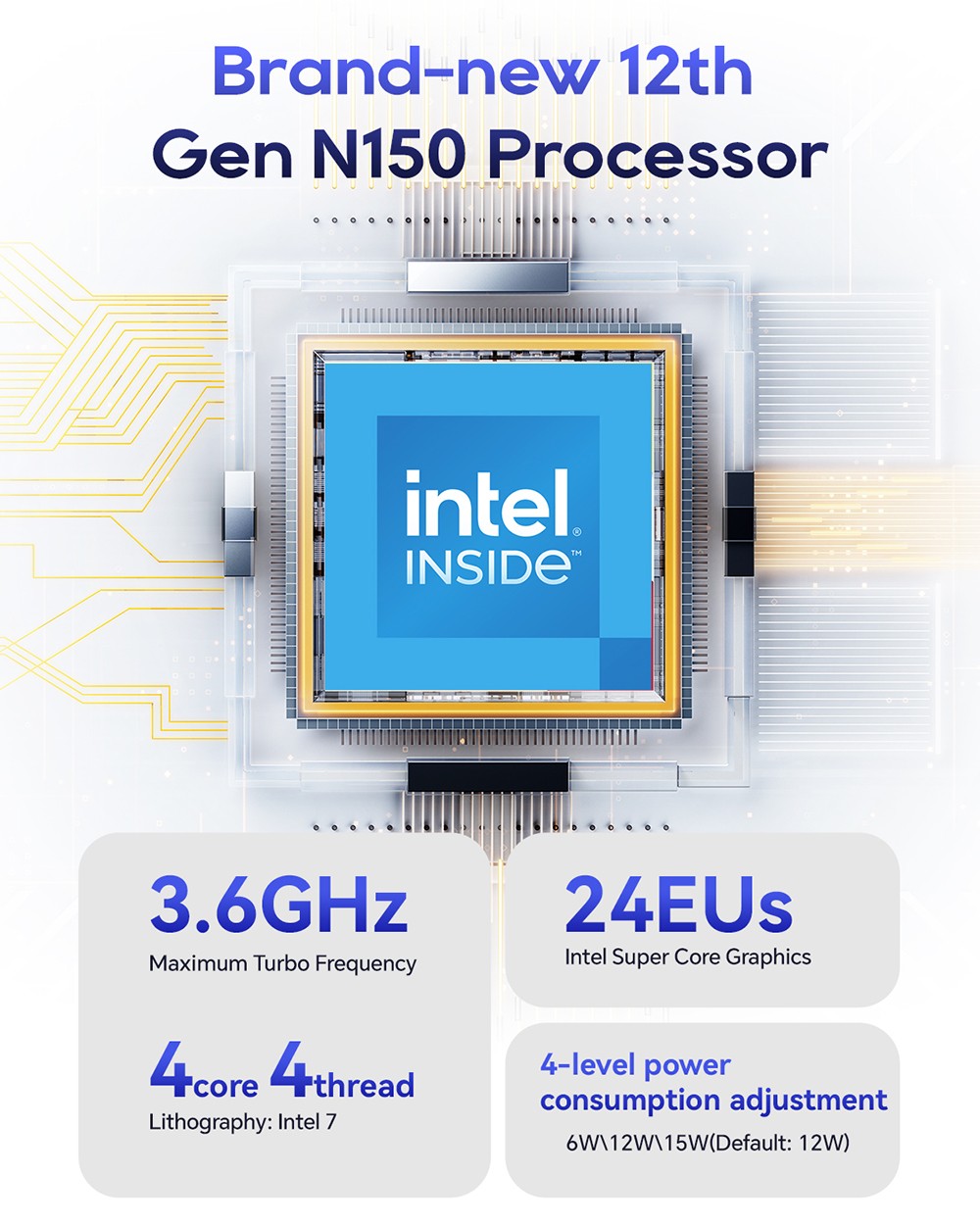 AOOSTAR N1 Pro Mini PC, Intel N150 4 jadrá Max 3.6GHz, 12GB LPDDR5 RAM 1TB SSD, HDMI + DP + Type-C Triple 4K Display, WiFi 5 Bluetooth 4.2, 3*USB3.2, 2*2.5G LAN, 1*Audio Jack - EU Plug