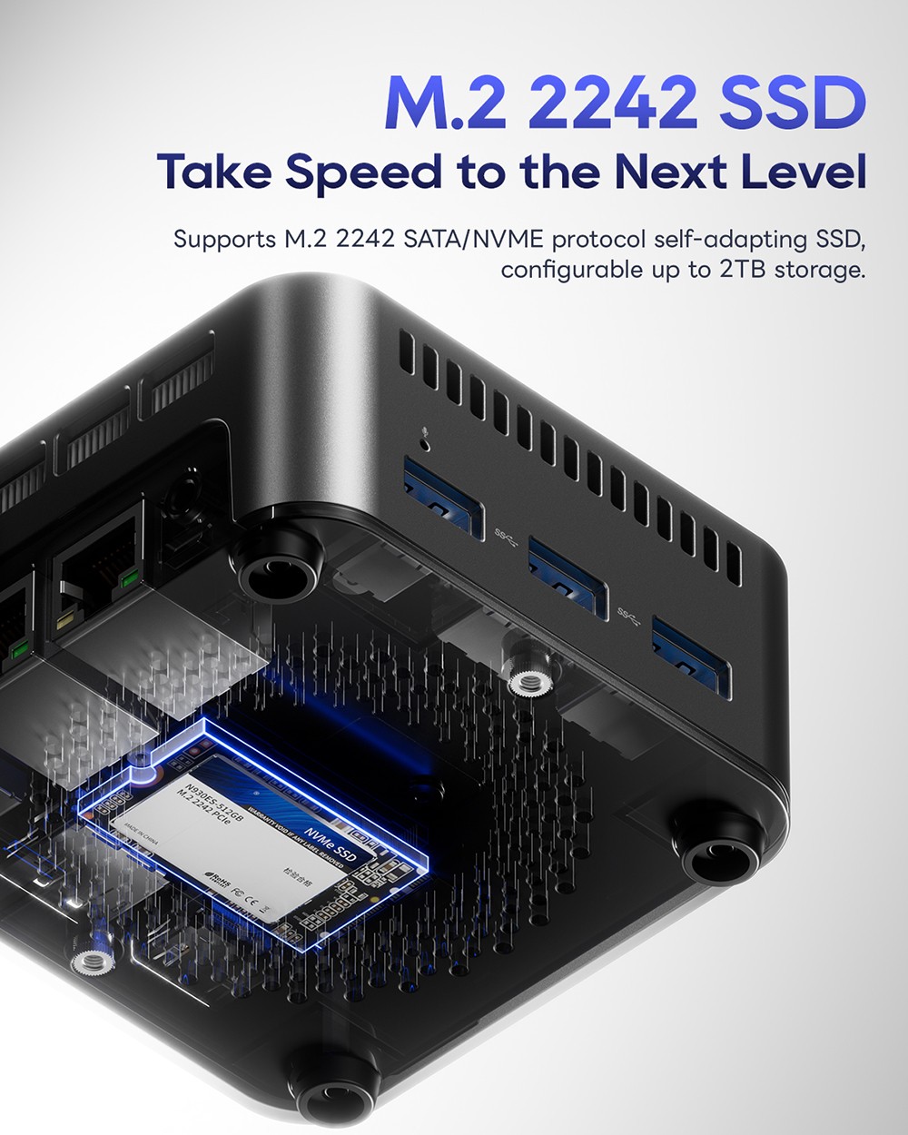 AOOSTAR N1 Pro Mini PC, Intel N150 4 jadrá Max 3,6 GHz, 12 GB LPDDR5 RAM 1 TB SSD, HDMI + DP + Type-C Triple 4K Display, WiFi 5 Bluetooth 4.2, 3*USB3.2, 2*2.5G LAN, 1*Audio Jack - EU Plug