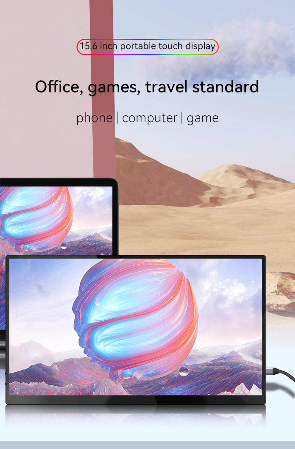 AOSIMAN 156FCT Portable Monitor, 15.6 inch 1920*1080 Touchscreen, 178&deg; Viewing Angle, Built-in Speakers, 2*Type-C, 1*Mini HDMI, 1*Headset