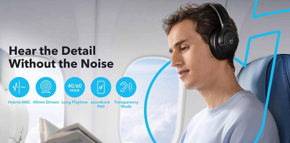 Anker Soundcore Q20i Hybrid ANC Headphones, 40 Hours Playtime (ANC on), Hi-Res Audio, Transparency Mode - Black