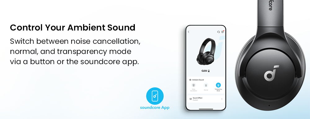 Anker Soundcore Q20i Hybrid ANC Headphones, 40 Hours Playtime (ANC on), Hi-Res Audio, Transparency Mode - Black