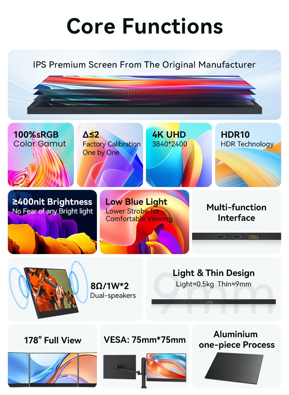 AOSIMAN P134UCC 13.4 inch Portable Monitor, 3840*2400 IPS Screen, 60Hz Refresh Rate, 100% sRGB, 1W*2 Speakers, Anti-blue Light, FreeSync