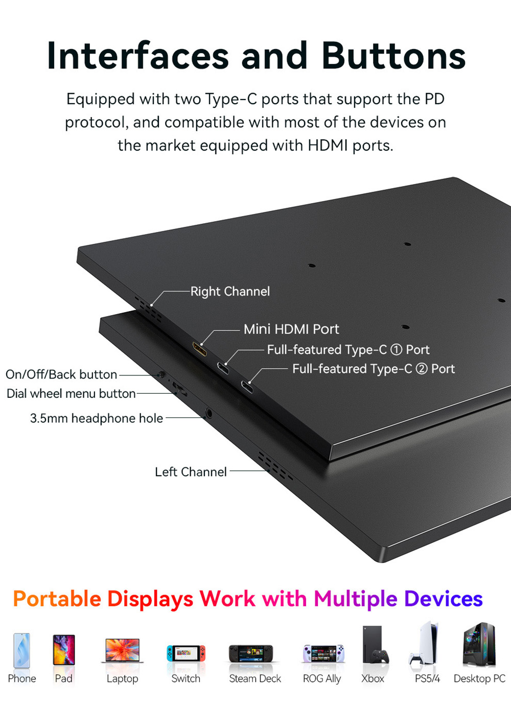 AOSIMAN P134UCC 13.4 inch Portable Monitor, 3840*2400 IPS Screen, 60Hz Refresh Rate, 100% sRGB, 1W*2 Speakers, Anti-blue Light, FreeSync