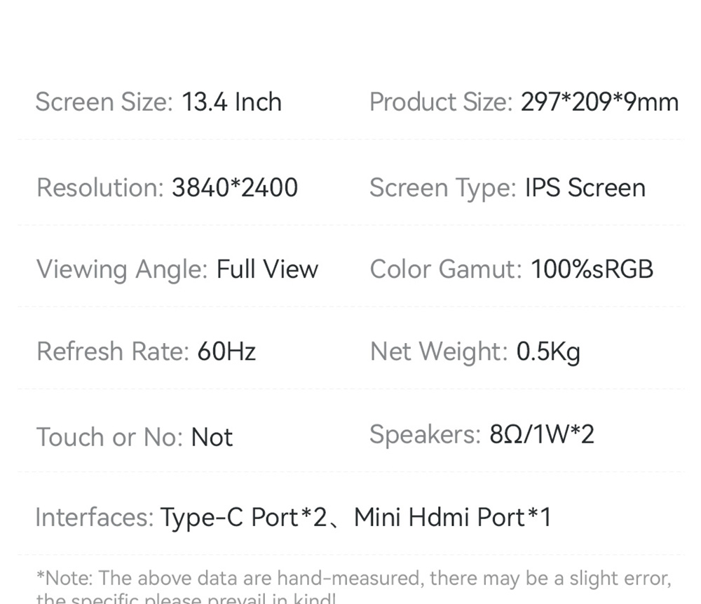AOSIMAN P134UCC 13.4 inch Portable Monitor, 3840*2400 IPS Screen, 60Hz Refresh Rate, 100% sRGB, 1W*2 Speakers, Anti-blue Light, FreeSync