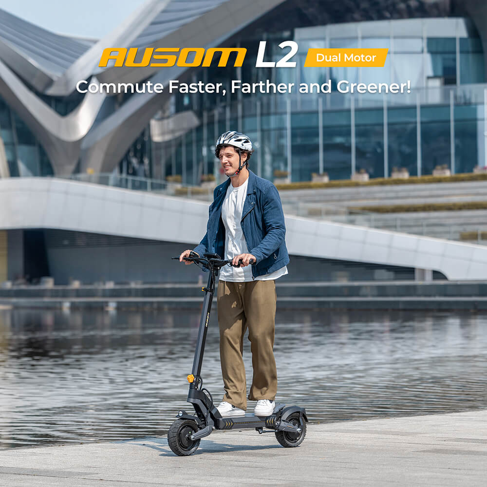 Elektrický skúter Ausom L2, 2*800W motor, 48V 15,6Ah batéria, 10-palcové pneumatiky, max. rýchlosť 55 km/h, dojazd 70 km, predné a zadné kotúčové brzdy, odpruženie kyvného ramena, LCD displej