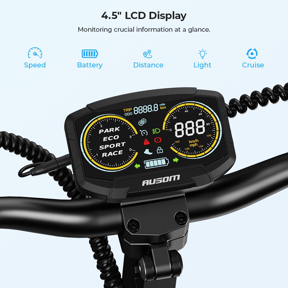 Elektrický skúter Ausom L2, 800W motor, 48V 15,6Ah batéria, 10-palcové pneumatiky, max. rýchlosť 45 km/h, dojazd 70 km, predné a zadné kotúčové brzdy, odpruženie kyvnej vidlice, LCD displej