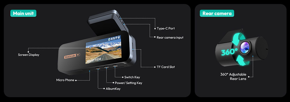 Botslab G980H 4K Dash Cam, predná a zadná kamera, snímač Sony IMX415, ADAS, parkovací režim 24/7, zabudovaný GPS, WDR, 64GB SD karta, širokouhlý záber 170°