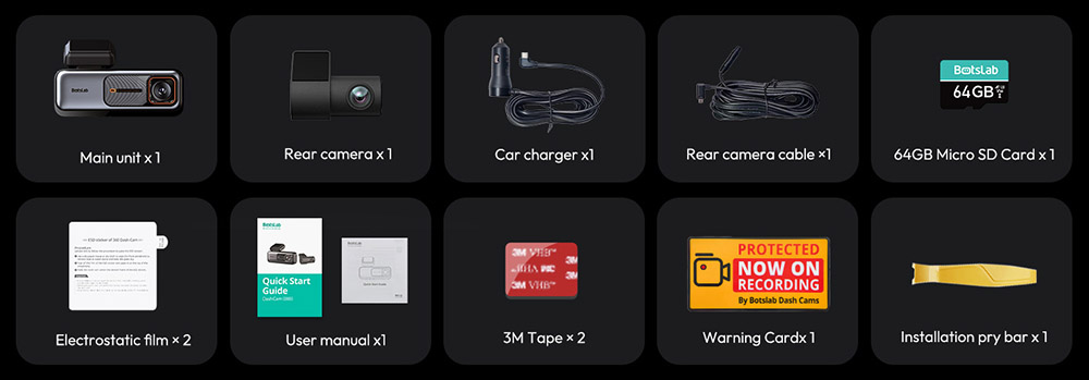 Botslab G980H 4K Dash Cam, predná a zadná časť, snímač Sony IMX415, ADAS, parkovací režim 24/7, zabudovaný GPS, WDR, 64GB SD karta, 170° širokouhlý