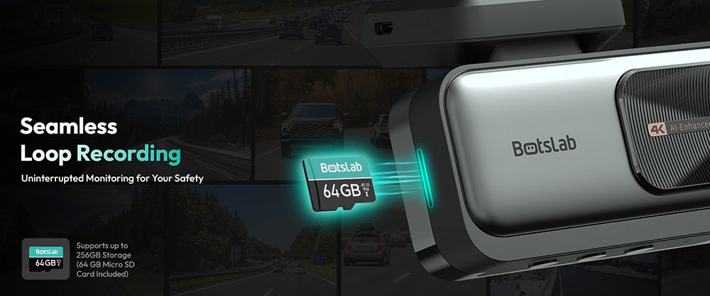 Botslab G980H 4K Dash Cam, predná a zadná časť, snímač Sony IMX415, ADAS, režim parkovania 24/7, zabudovaný GPS, WDR, 64GB SD karta, 170° širokouhlý