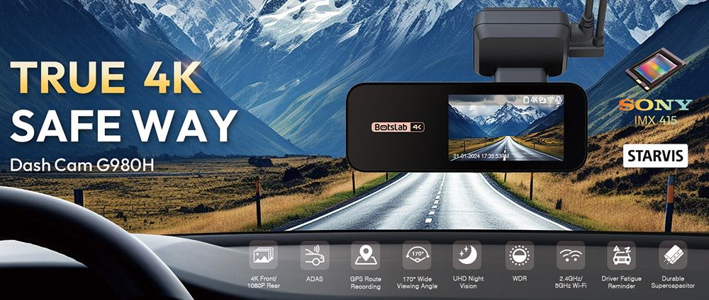 Botslab G980H 4K Dash Cam, predná a zadná kamera, snímač Sony IMX415, ADAS, parkovací režim 24/7, zabudovaný GPS, WDR, 64GB SD karta, širokouhlý záber 170°