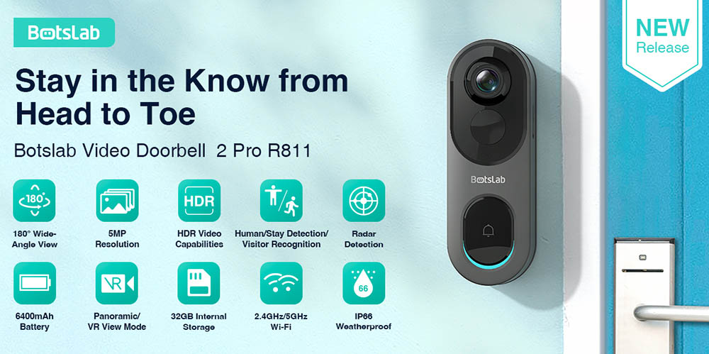 Sonnette vidéo Botslab R811 avec caméra 5 Mpx, angle de vue 180°, stockage interne 32 Go, détection IA/radar/PIR, Wi-Fi 2,4/5 GHz, audio bidirectionnel, étanchéité IP66