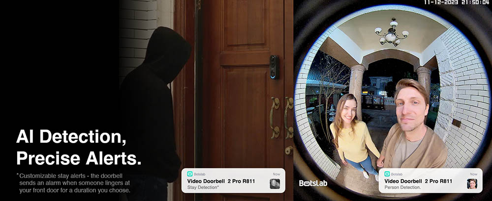 Sonnette vidéo Botslab R811 avec caméra 5 Mpx, angle de vue 180°, stockage interne 32 Go, détection IA/radar/PIR, Wi-Fi 2,4/5 GHz, audio bidirectionnel, étanchéité IP66