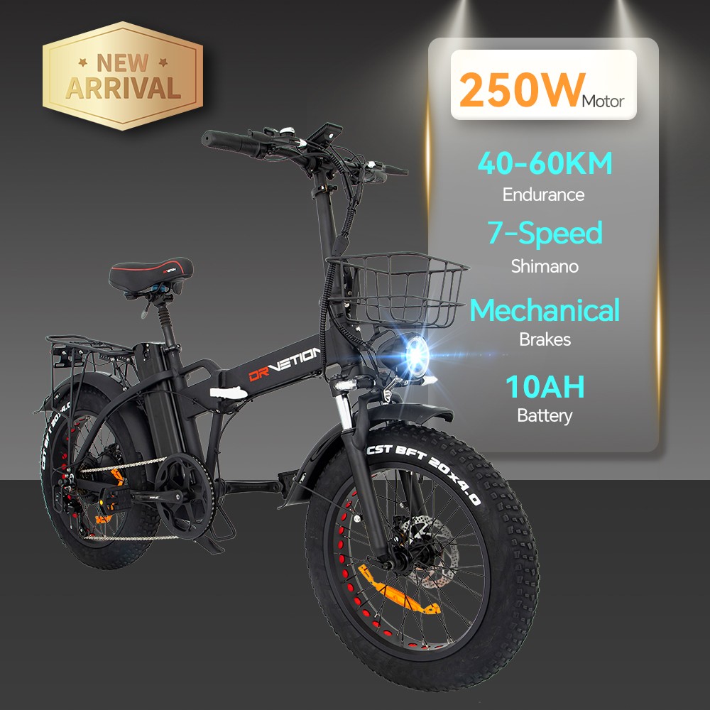 Elektrobicykel DRVETION AT20, 250W motor, 48V 10Ah batéria, 20*4,0 palcová tučná pneumatika, max. rýchlosť 25 km/h, max. dojazd 60 km, mechanická kotúčová brzda, uzamykateľný tlmič, 7-rýchlostný prevod Shimano