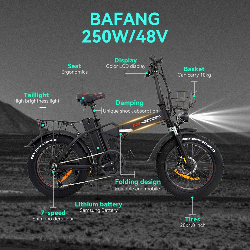 Elektrobicykel DRVETION AT20, 250W motor, 48V 10Ah batéria, 20*4,0 palcová tučná pneumatika, max. rýchlosť 25 km/h, max. dojazd 60 km, mechanická kotúčová brzda, uzamykateľný tlmič, 7-rýchlostný prevod Shimano