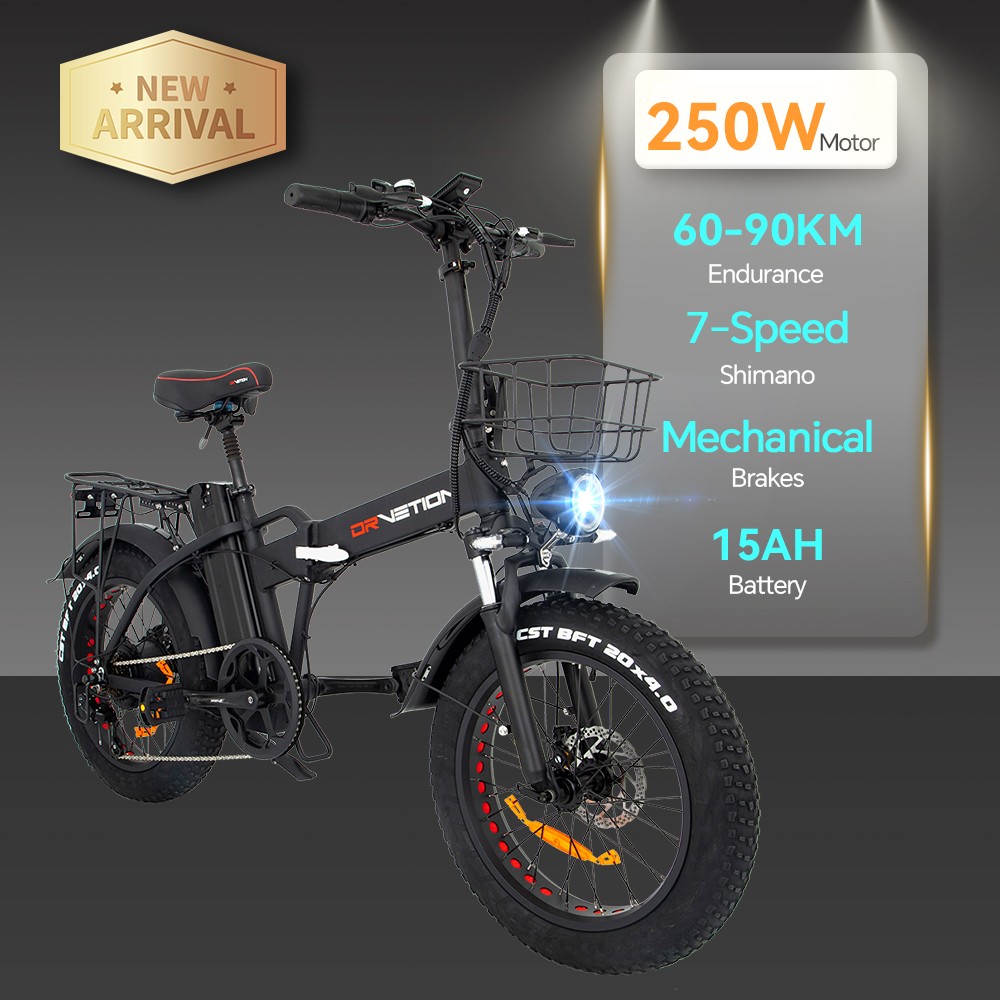 Elektrobicykel DRVETION AT20, 250W motor, 48V 15Ah batéria, 20*4,0 palcová tučná pneumatika, max. rýchlosť 25 km/h, max. dojazd 90 km, mechanická kotúčová brzda, uzamykateľný tlmič, 7-rýchlostný prevod Shimano