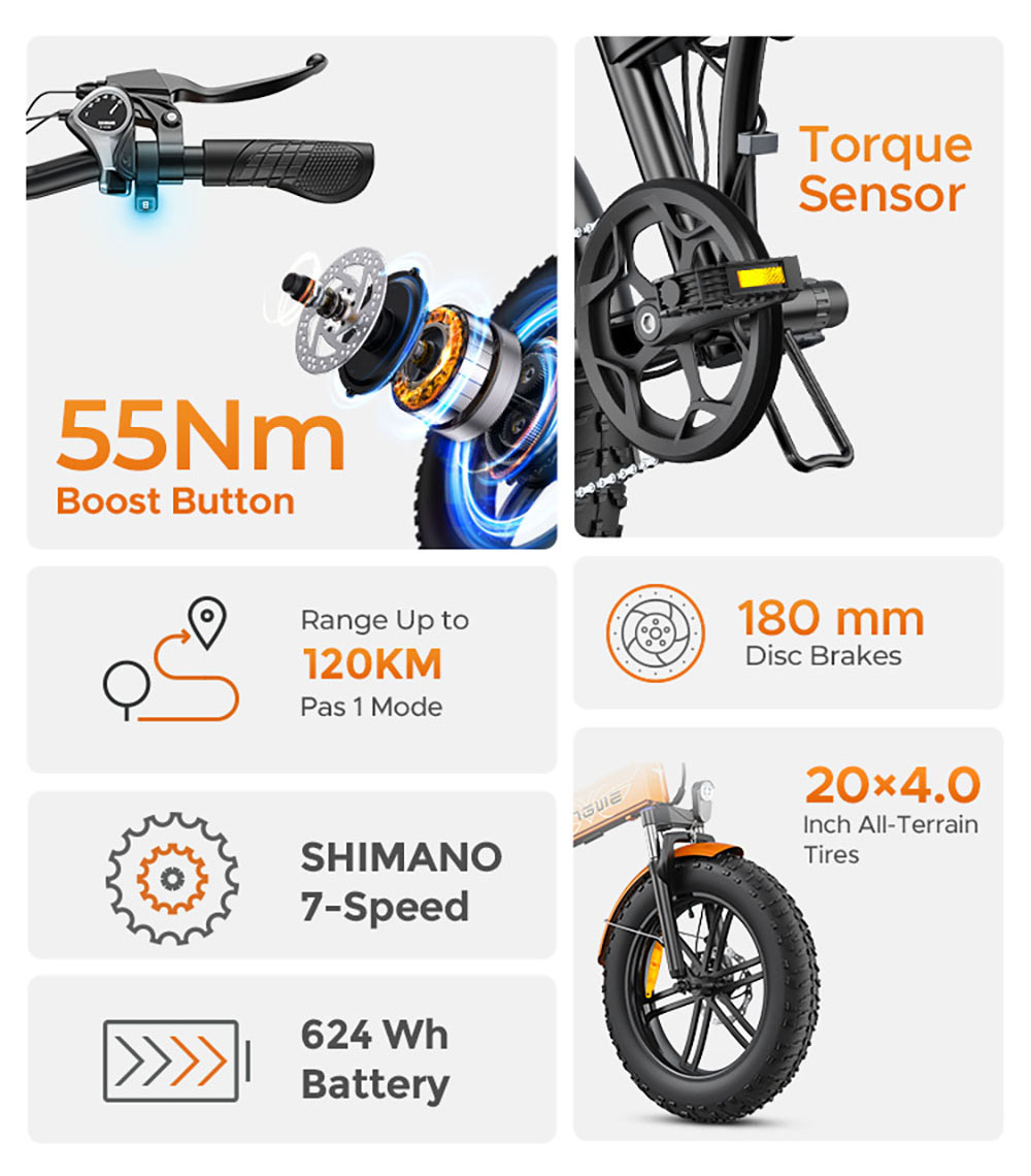 ENGWE EP-2 Boost V&eacute;lo &eacute;lectrique, moteur 250 W, batterie 48 V 13 Ah, pneus larges 20 x 4 pouces, vitesse maximale 25 km/h, autonomie 120 km, freins &agrave; disque m&eacute;caniques avant et arri&egrave;re, capteur de couple, suspension avant, Shimano 7 vitesses - Orange