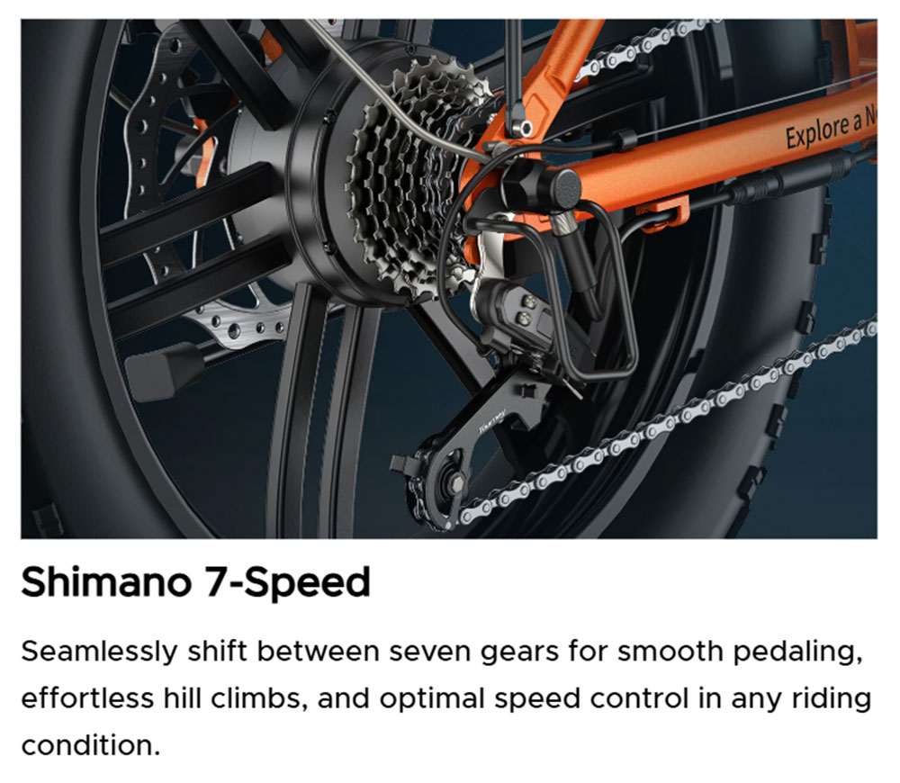 ENGWE EP-2 Boost V&eacute;lo &eacute;lectrique, moteur 250 W, batterie 48 V 13 Ah, pneus larges 20 x 4 pouces, vitesse maximale 25 km/h, autonomie 120 km, freins &agrave; disque m&eacute;caniques avant et arri&egrave;re, capteur de couple, suspension avant, Shimano 7 vitesses - Orange