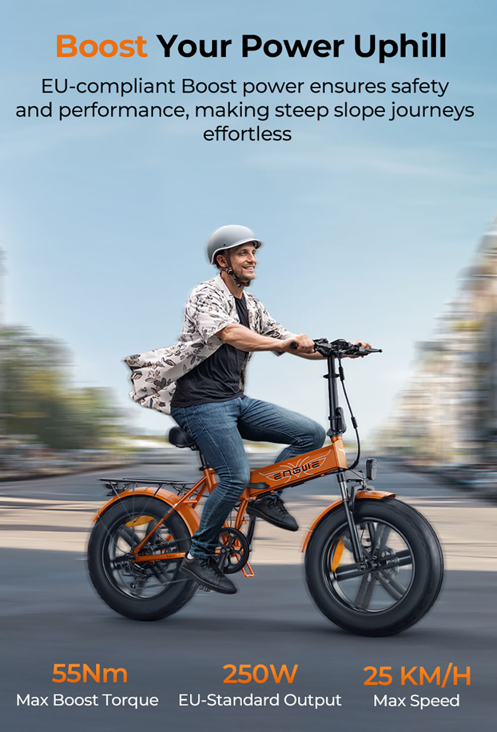 ENGWE EP-2 Boost V&eacute;lo &eacute;lectrique, moteur 250 W, batterie 48 V 13 Ah, pneus larges 20 x 4 pouces, vitesse maximale 25 km/h, autonomie 120 km, freins &agrave; disque m&eacute;caniques avant et arri&egrave;re, capteur de couple, suspension avant, Shimano 7 vitesses - Orange