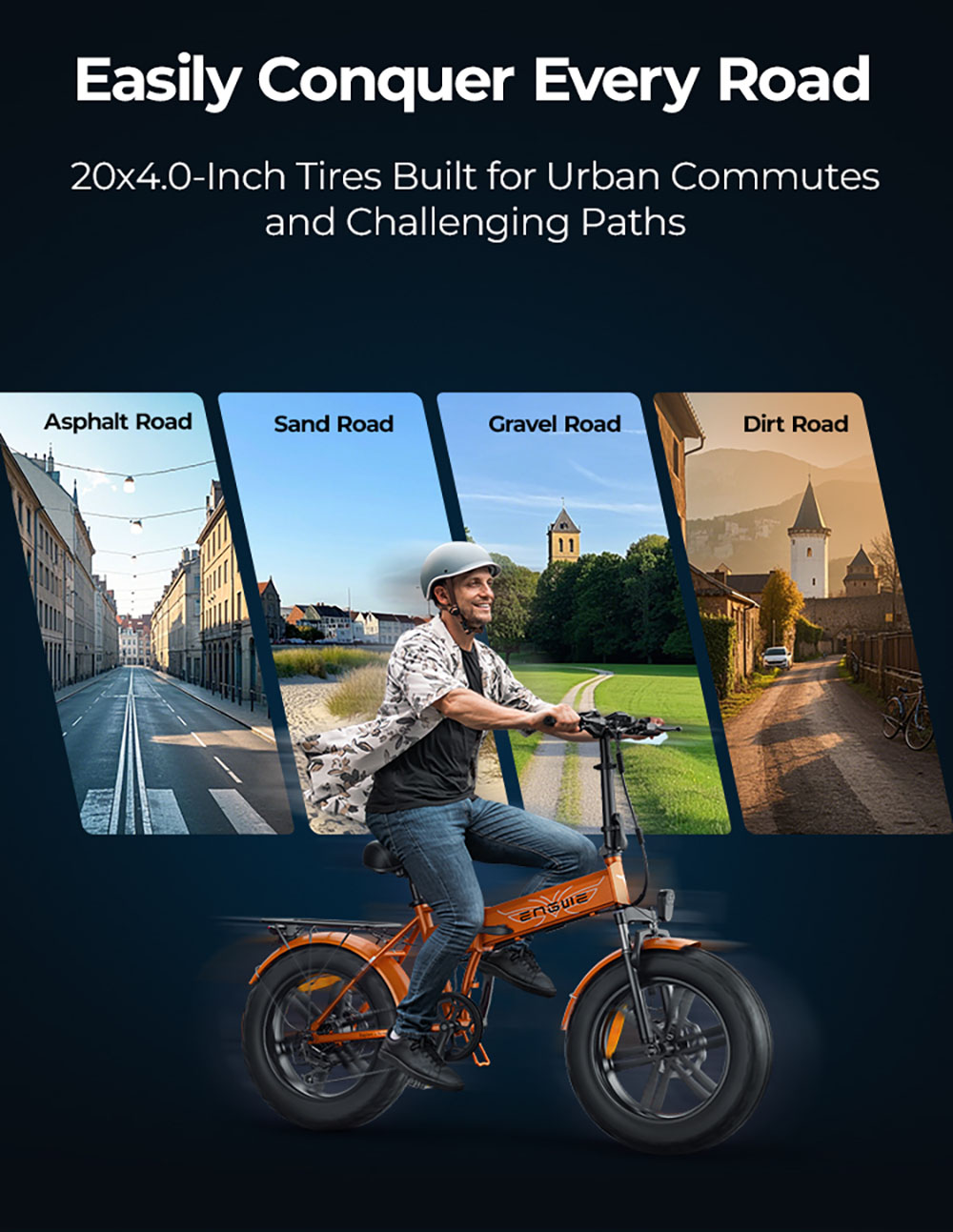ENGWE EP-2 Boost V&eacute;lo &eacute;lectrique, moteur 250 W, batterie 48 V 13 Ah, pneus larges 20 x 4 pouces, vitesse maximale 25 km/h, autonomie 120 km, freins &agrave; disque m&eacute;caniques avant et arri&egrave;re, capteur de couple, suspension avant, Shimano 7 vitesses - Orange