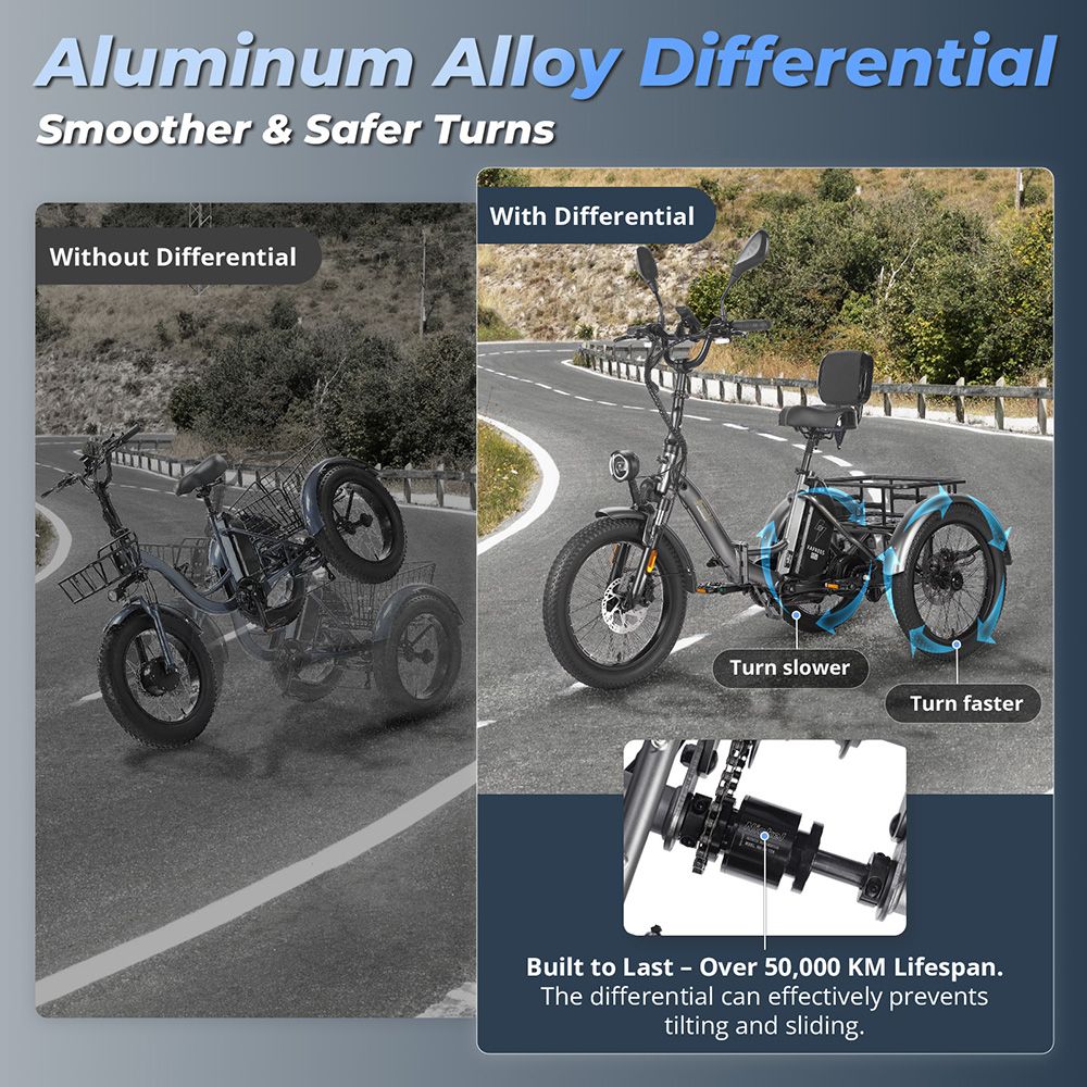 FAFREES F20 Mate Elektrisches Lastendreirad, Upgrade-Version, 500-W-Motor, 48-V-23,45-Ah-Batterie, 20 x 3,0-Zoll-Reifen, 25 km/h H&ouml;chstgeschwindigkeit, 120 km maximale Reichweite, hydraulische Scheibenbremsen, Dreifachfederung, Aluminiumdifferenzial &ndash; Schwarz