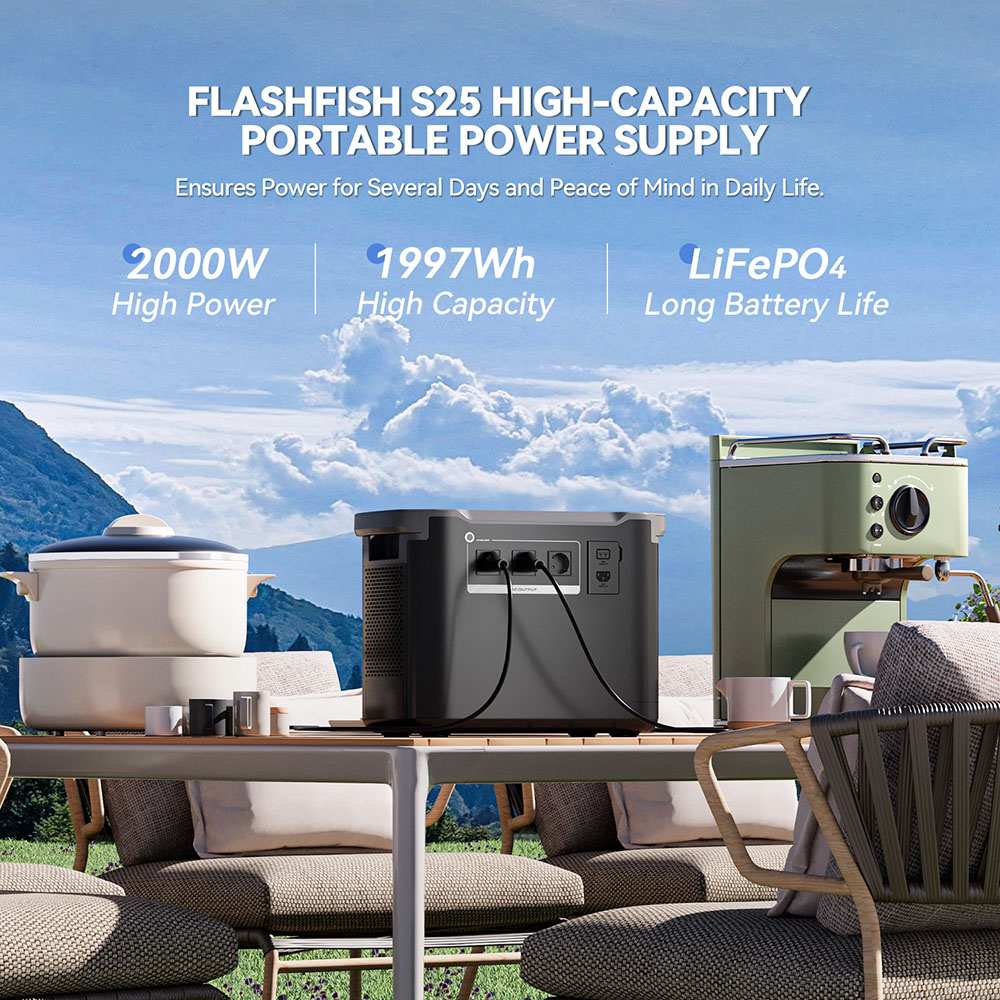 Prenosná elektrocentrála Flashfish S25, 2000W 1997Wh vonkajší generátor, LED svetlo, 3000+ LiFePO4 batéria, 1600W AC rýchle nabíjanie, UPS