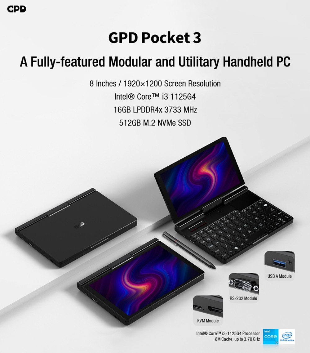 GPD Pocket 3 Handheld Laptop, Intel Core i3-1125G4 4 Core Max 3.7GHz, 8 inch 1920*1200 IPS Screen, 16GB RAM 512GB SSD, WiFi6E Bluetooth5.3, 10000mAh Battery, 1*Thunderbolt 4, 1*HDMI, 3*USB3.2, 1*RJ45