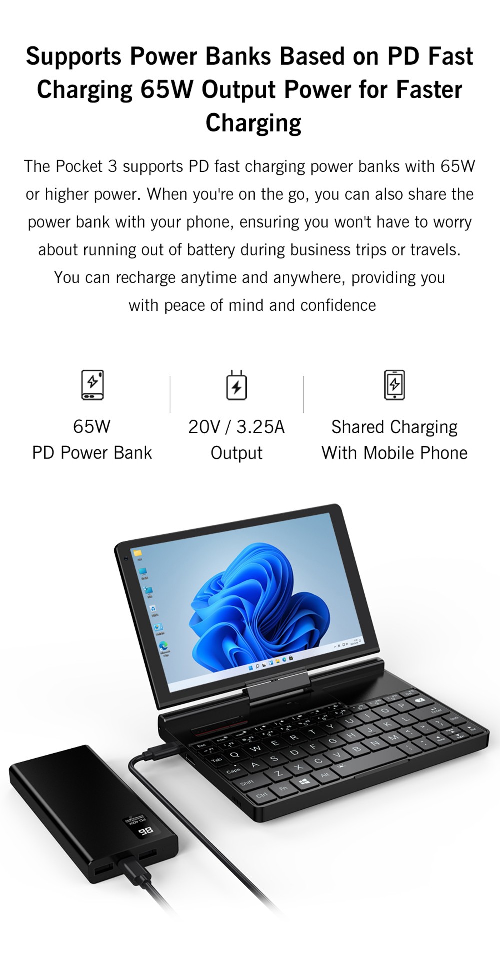 GPD Pocket 3 Handheld Laptop, Intel Core i3-1125G4 4 Core Max 3.7GHz, 8 inch 1920*1200 IPS Screen, 16GB RAM 512GB SSD, WiFi6E Bluetooth5.3, 10000mAh Battery, 1*Thunderbolt 4, 1*HDMI, 3*USB3.2, 1*RJ45