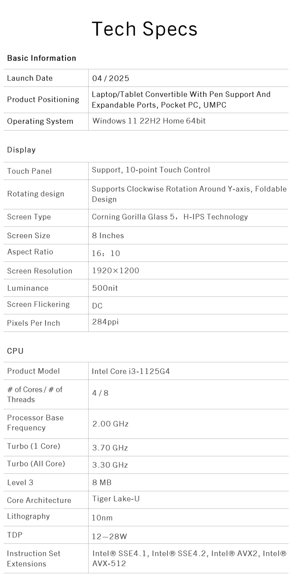 GPD Pocket 3 Handheld Laptop, Intel Core i3-1125G4 4 Core Max 3.7GHz, 8 inch 1920*1200 IPS Screen, 16GB RAM 512GB SSD, WiFi6E Bluetooth5.3, 10000mAh Battery, 1*Thunderbolt 4, 1*HDMI, 3*USB3.2, 1*RJ45