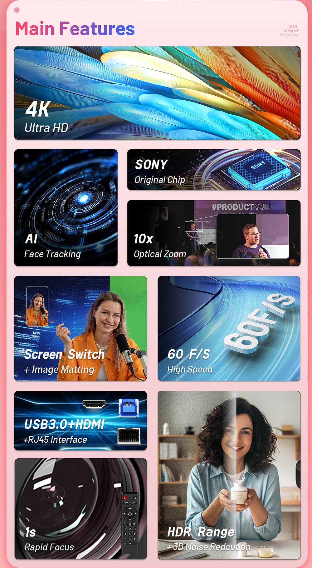 GUCEE G05-4K10X Plus Streaming Camera, 4K Ultra HD, Al Face Tracking, 10x Optical Zoom, 1s Rapid Focus, HDR &3D Noise Reduction