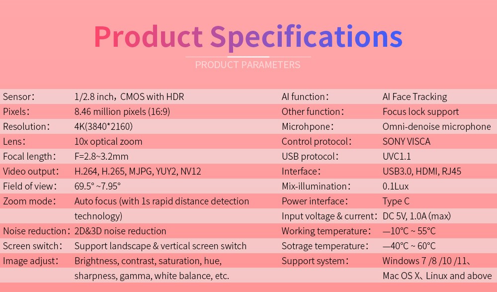 GUCEE G05-4K10X Plus Streaming Camera, 4K Ultra HD, Al Face Tracking, 10x Optical Zoom, 1s Rapid Focus, HDR &3D Noise Reduction