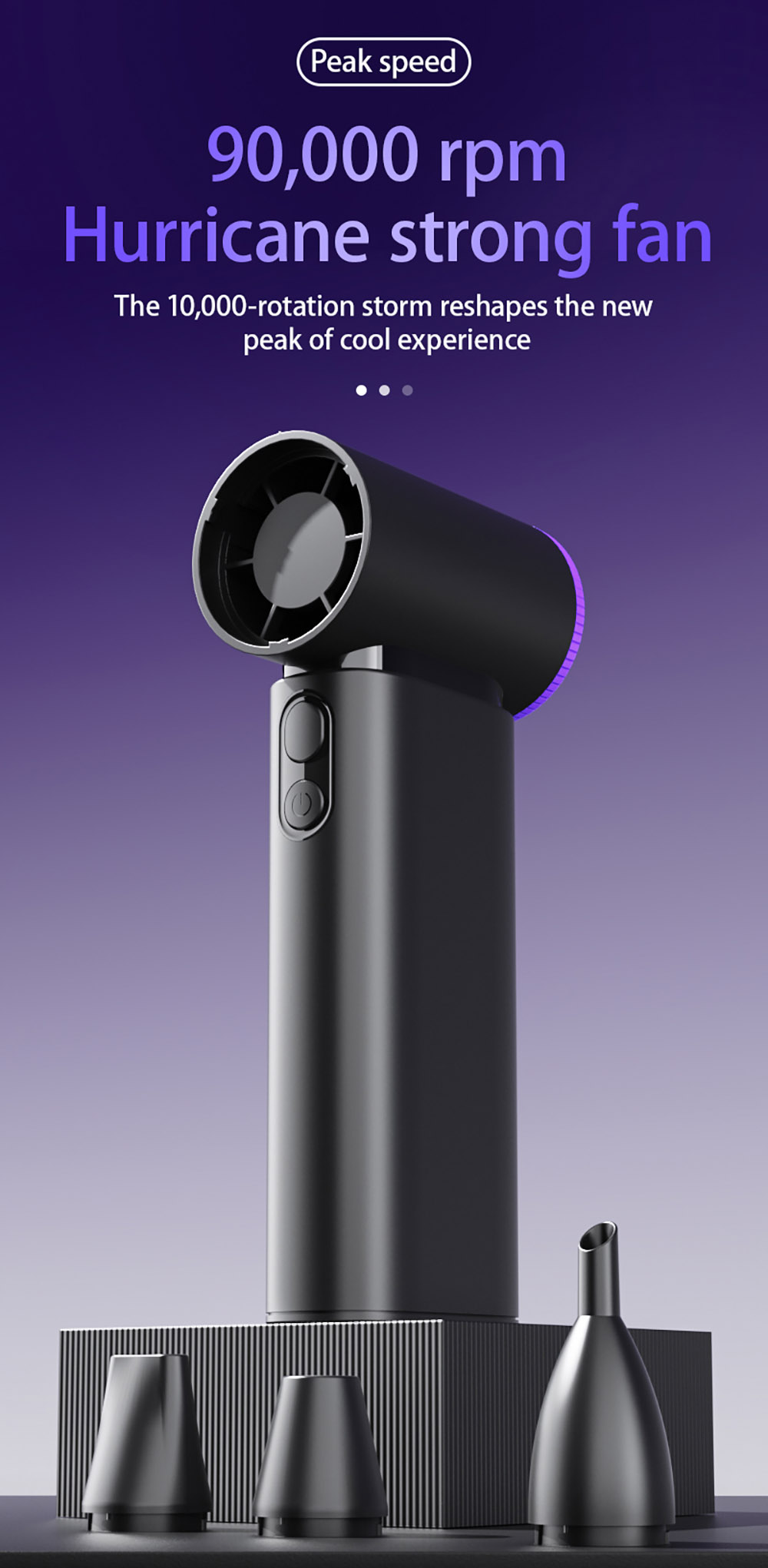 GY01 Hurricane High-speed Handheld Fan, 4-Speed Adjustable, 30m/s Ultra-Strong Wind, 90,000RPM Motor, 2000mAh Battery Capacity, Black