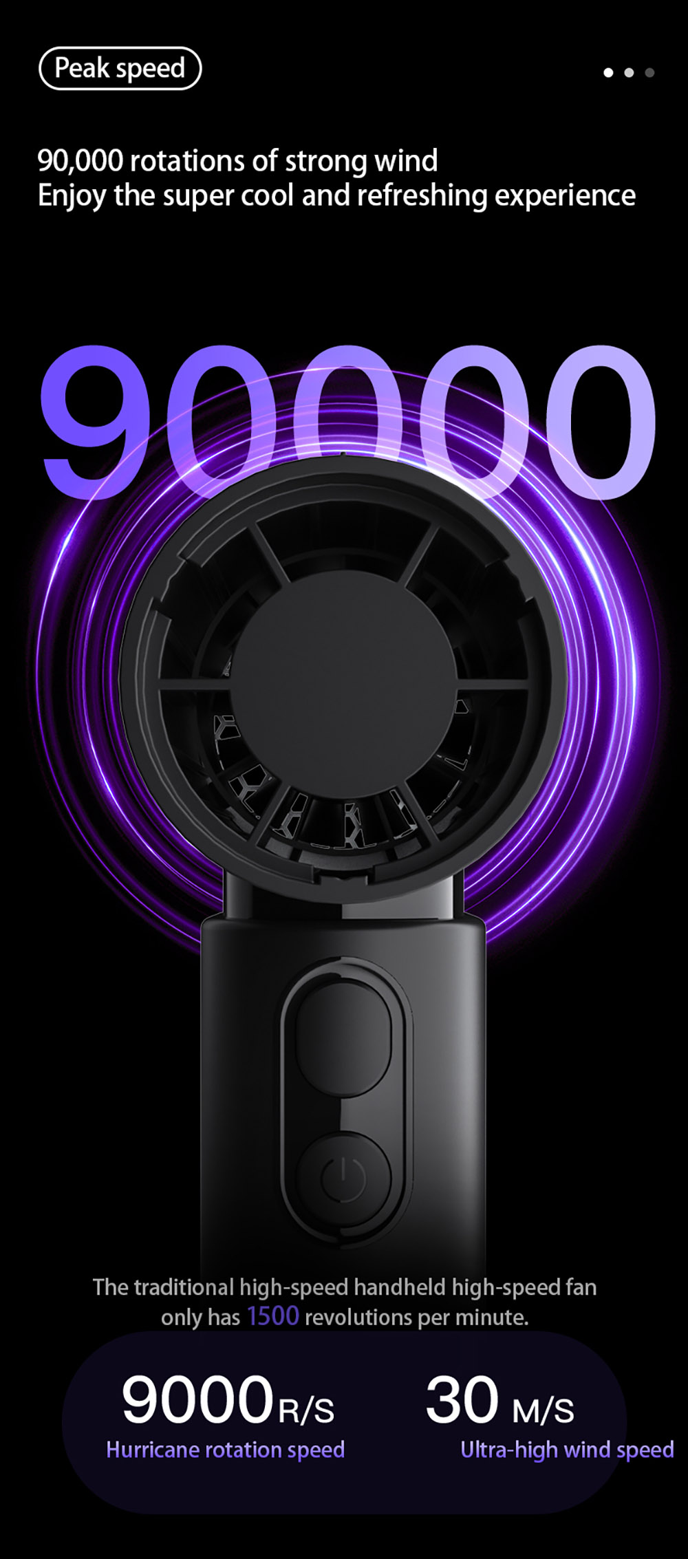 GY01 Hurricane High-speed Handheld Fan, 4-Speed Adjustable, 30m/s Ultra-Strong Wind, 90,000RPM Motor, 2000mAh Battery Capacity, Black