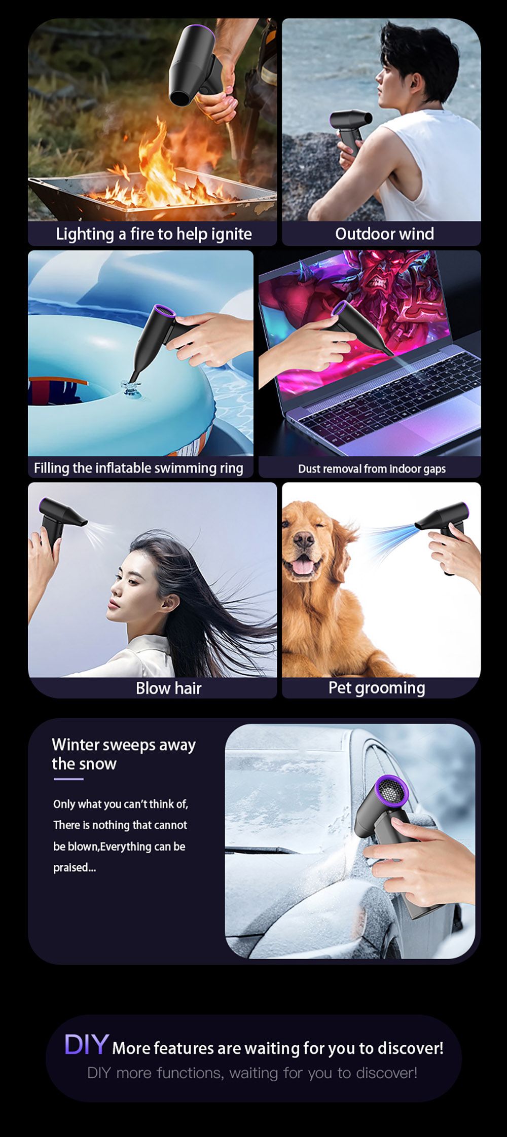 GY01 Hurricane High-speed Handheld Fan, 4-Speed Adjustable, 30m/s Ultra-Strong Wind, 90,000RPM Motor, 2000mAh Battery Capacity, Black