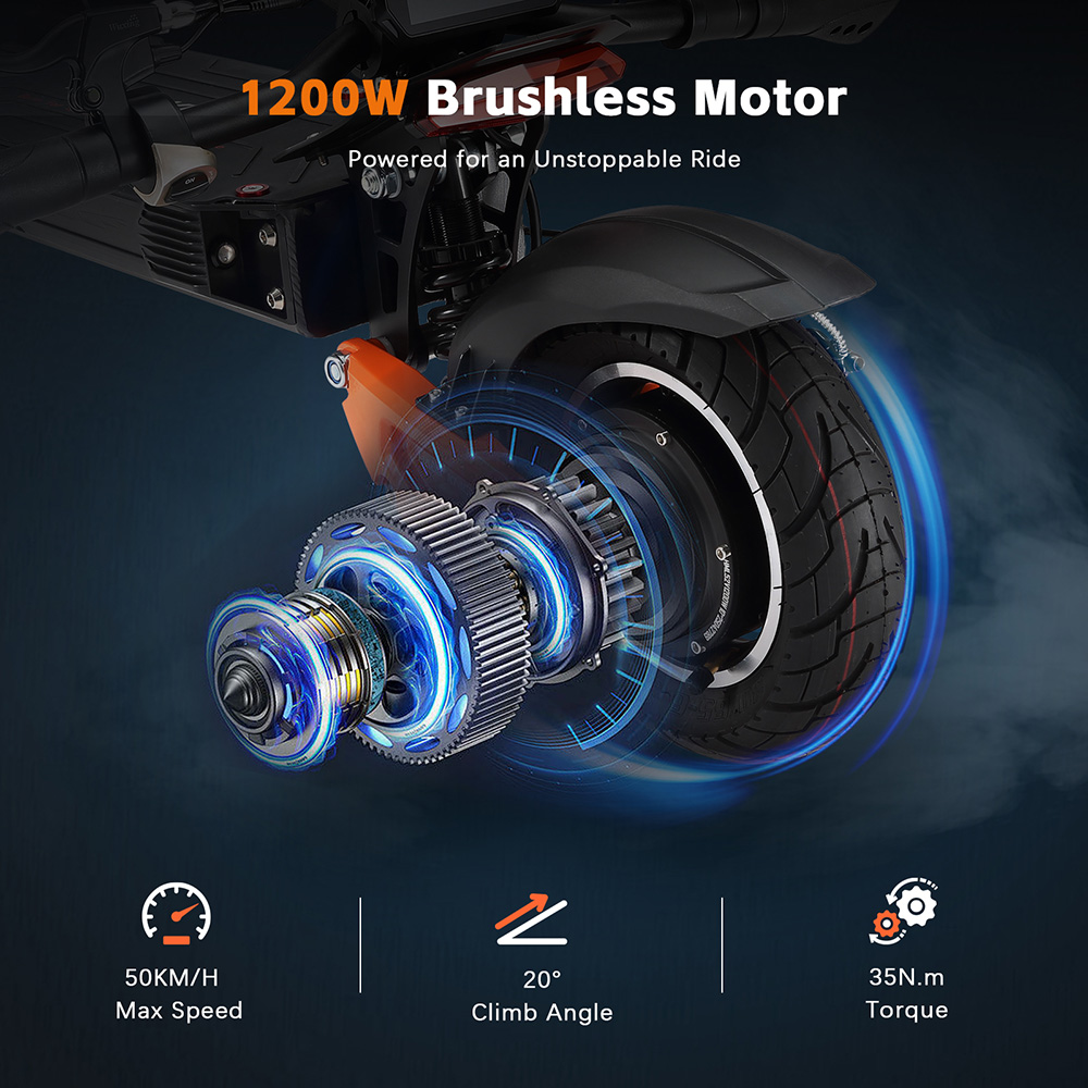 Elektrický skútr Halo Knight T102, motor 1200 W, baterie 52 V 21 Ah, 10palcové pneumatiky, maximální rychlost 50 km/h, dojezd 45 km, dvojité kotoučové brzdy, dvojité odpružení