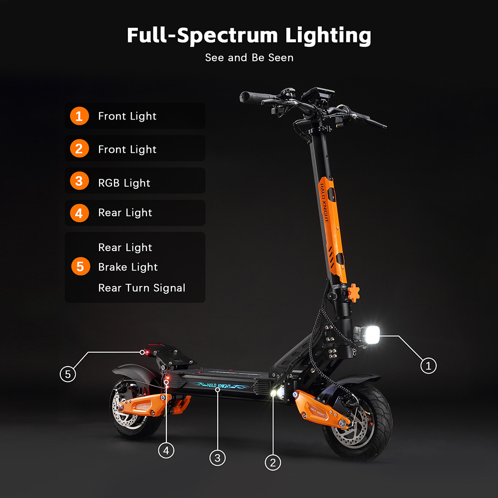 Elektrický skútr Halo Knight T102, motor 1200 W, baterie 52 V 21 Ah, 10palcové pneumatiky, maximální rychlost 50 km/h, dojezd 45 km, dvojité kotoučové brzdy, dvojité odpružení